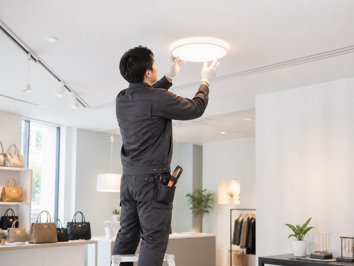 店舗の天井照明を施工する電気工事士